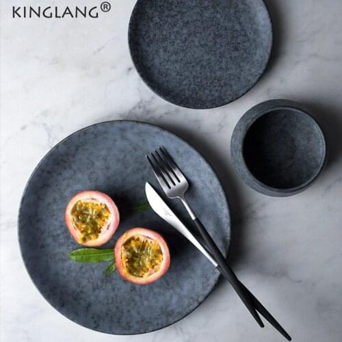 KINGLANG Looks Like Stone Ceramic Plate Dinner Dishes Stoneware Gray Colors Steak Flat Plates