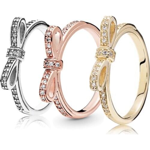 Original 925 кольцо Silver Pan Ring Rose Gold With Crystal Cz Bow Pan Ring For Women Wedding Party Gift Fashion Jewelry