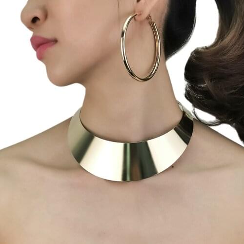 Punk Metal Torques Necklaces Jewelry Set With Big Hoop Earrings African Jewelry Sets Gold Color Women Indian Accessorie UKMOC