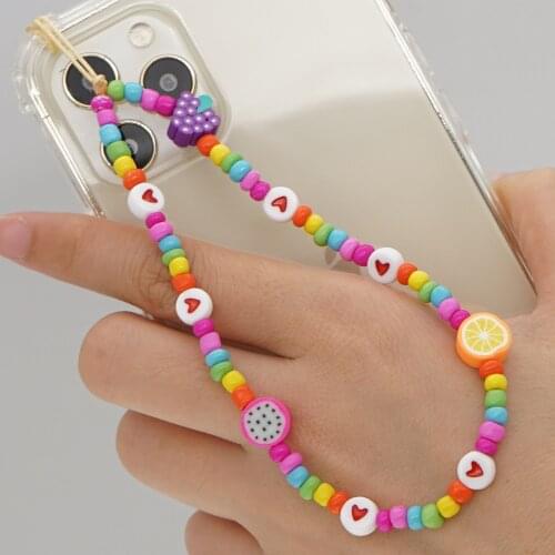 Colorful Beads Heart Fruits Mobile Chain For Women Anti-lost Lanyards Phone chain bracelet Rope Mobile Phone Straps Accessories