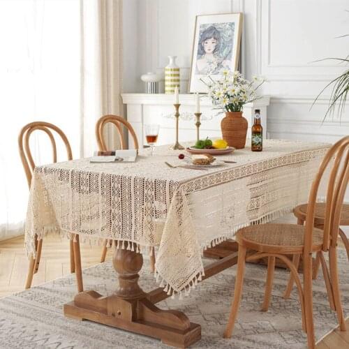 Crocheted Polyester Cotton Table Cloth Dustproof Lace with Tassel Desktop Table Cover Household Home Decor for Outdoor Party
