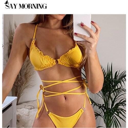 SAY MORNING Womens Swimwear Solid Wrinkled Strap Bikini Basic Split Sexy Swimsuit New 2021 Bathing Suit BeachWear Swimming Swim