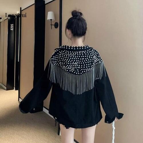 Oversize Rivet Chain Tassle Short Jackets Chest 120cm Women Wash Long Sleeve Vintage Casual Jean Jacket Bomber Denim