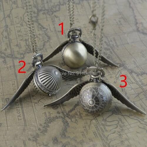 Antique Golden Angel Wing Quartz Pocket Watch Charming Vintage Men Womens Watch Snitch Ball Necklace Pendant Clock with Chain