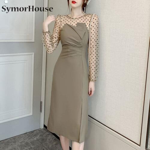 2021 Spring New Elegant Dot Black Hollow Out with Slit Long-Sleeve Slim Midi Prom Party Night Club Dresses Autumn