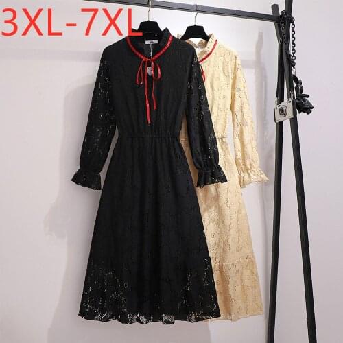 New Ladies Autumn Winter Plus Size Midi Dress For Women Large Long Sleeve Loose Black Retro Bow Lace Dress 3XL 4XL 5XL 6XL 7XL