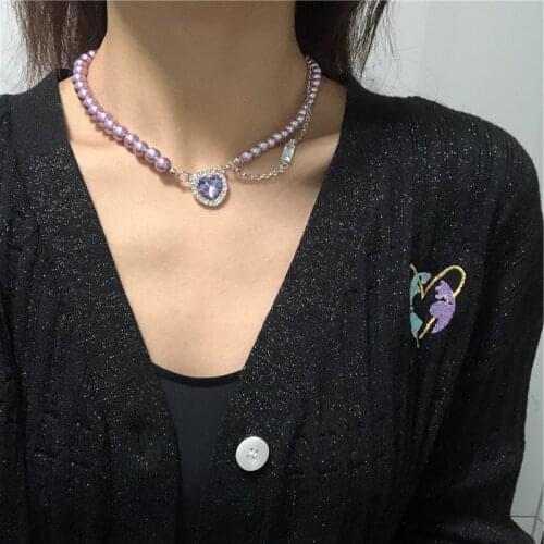 New Purple Heart Pendant Necklace For Women Pearl Vintage Fashion Charm Creative Simple Sweet Punk Choker Necklace Jewelry New