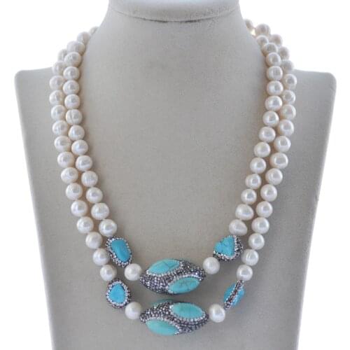 Z10502 38"~57“ 30mm White Geay Black Round Pearl Turquoise Shuttle CZ Necklace