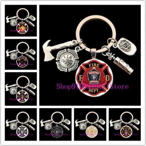 Fire Department Glass Keychain Fire Extinguisher Hard Hat and Axe Keychain Fire Station Hero Keychain Fireman Gift