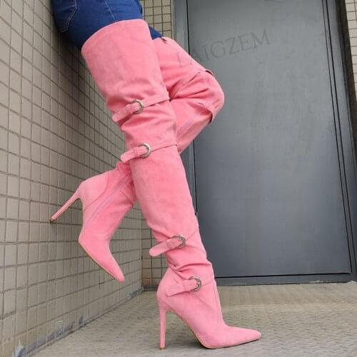 LAIGZEM SUPER Women Thigh High Boots Full Zip Up Buckle Straps High Heels Boots Over Knee Ladies Shoes Woman Big Size 39 44 47