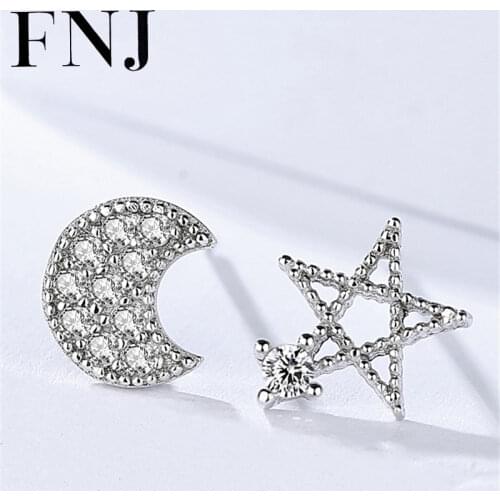 FNJ Star Moon Earrings 925 Silver Jewelry Original Pure S925 Sterling Silver Stud Earring for Women White Cubic Zircon