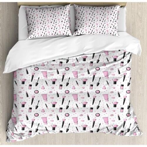 Blue and Pink Duvet Cover Set Feminine Pattern with Makeup Supplies Brush Lipstick Decorative 3 Piece Bedding Set with 2 Pillow