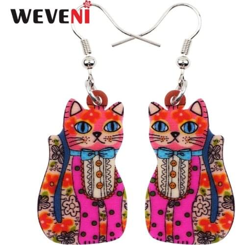 WEVENI Trendy Cute Long News Acrylic Drop Dangle Anime Lucky Cat Earrings Unique Bijoux Trendy Jewelry For Girls Women Teen Gift
