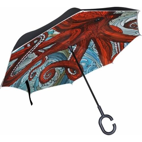 C-Hook Windproof Reverse Umbrella Red Octopus Umbrella Long Shank Inverted Double Layer Creative Rain Protection Umbrellas