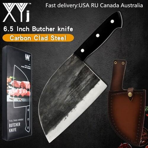XYj 3PCS Butcher Cleaver Knife Full Tang Chinese Slicer Chopper Leather Cover Sheath Gift Box Survival Camping Hiking Accessory