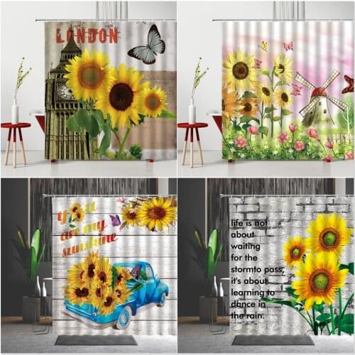 Sunflower Flower Shower Curtain London Classical Building Inspirational Quotes Home Bathroom Decor Bath Hanging Cloth Curtains