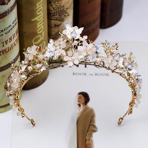 FORSEVEN Butterfly Metal Tiaras Women Floral Crowns Baroque Gold Color Hairband Bride Wedding Hair Jewelry Queen Diadem