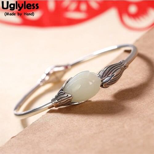 Uglyless Natural Jade Magnolia Bangles for Women Real 925 Silver Thai Silver Flower Buds Open Bangle Elegant Fashion Dress Jewel