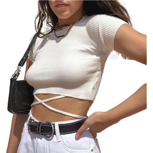 2020 Fashion Trend Women Sexy Knitted Crop Top Short Sleeve Cross Tie Up Wrap Navel Solid Slim Fitting New Summer T-shirt Tees