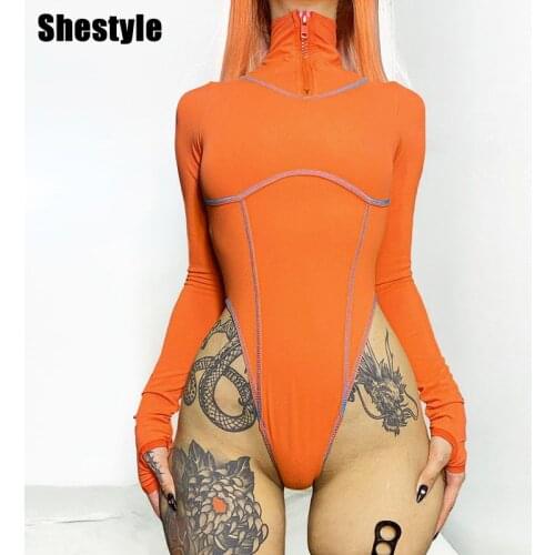 Shestyle Orange Zipper Mock Neck Bodysuits Women Super Sexy Striped Long Sleeve Cool High Waist Sportwear Workout Body Tees