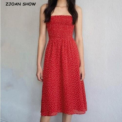 2021 Retro Elegant Elastic Body Long Sling Dresses France Small Dot Print Chiffon Midi Women Summer Dress Holiday