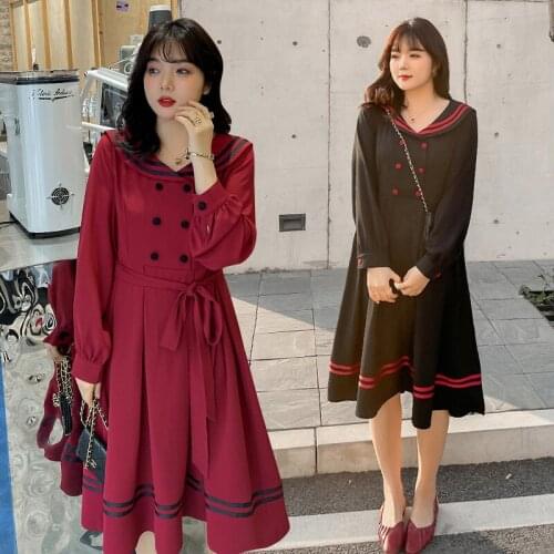 WomenS Spring Navy Collar Contrast Color Lace-Up Button Dress Plus Size Knee Length Casual Wear 100 Kg Can Be Worn