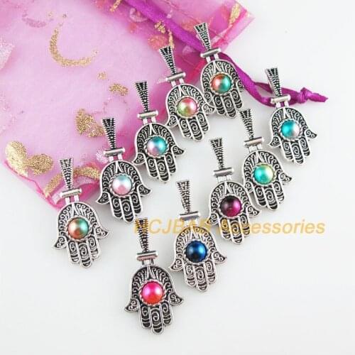 10 New Palm Charms Tibetan Silver Tone Retro Mixed Colored Acrylic Hand Pendants 17.5x33mm