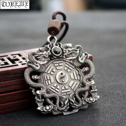 100% 925 Silver Dragon Pendant Necklace Sterling Fengshui Taichi Bagua Yinyang Pendant Power Dragon Good Luck Man Pendant Amulet