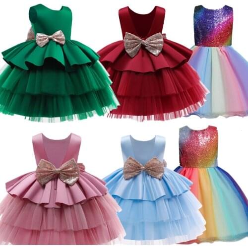 Snow White Princess Backless Costume For Little Girl Rainbow Color Dress For Children Layered Mesh Bow Sleeveless Dress For Kids