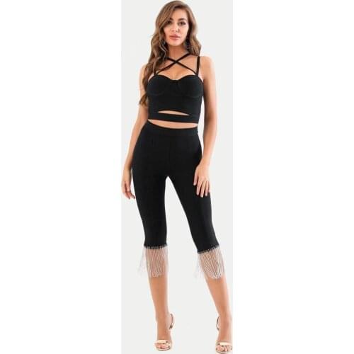 Free Shipping Autumn Sexy Spaghetti Straps Tassel Black Two Piece Bandage Set 2021 Celebrity Designer Fashion Women Set