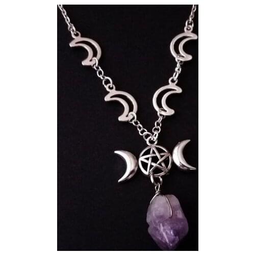 Triple MOON NECKLACE Celestial Natural Amethyst Stone Moon Pendant Charm Amulet Jewellery for Free Spirits and Dark Hearts