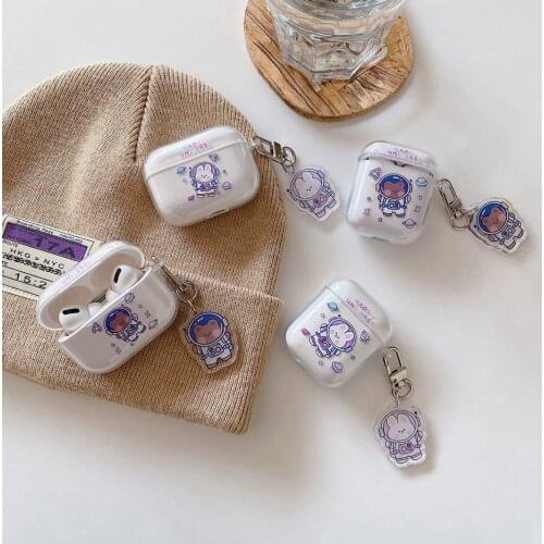 For AirPods Pro Case Space Bear Rabbit Pendant Earphone Case For Apple AirPods 3 Soft TPU Clear Headphone Cover with Keychain