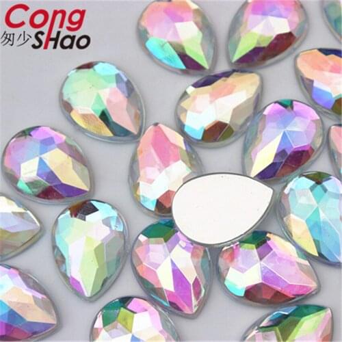 Cong Shao 200pcs 13*18mm Clear AB Flatback Acrylic Drop Rhinestone Trim Crystals For Wedding Costume Button Decorations CS662