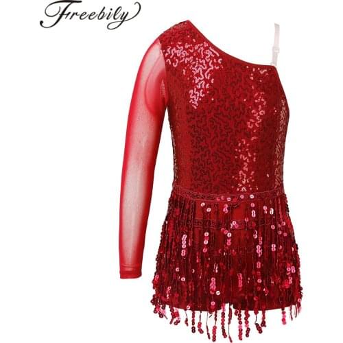Kids Mesh Long Sleeve Sequins Tassel Ballet Dance Gymnastics Leotard Girls Figure Skating Dress Stage Performance Dancewear