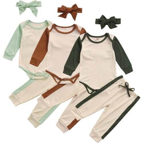 Newborn Baby Girl Boy Clothes Set Cotton Ribbed Patchwork Romper Top Pants Bow Headband Spring Autumn Unisex Baby Outfit