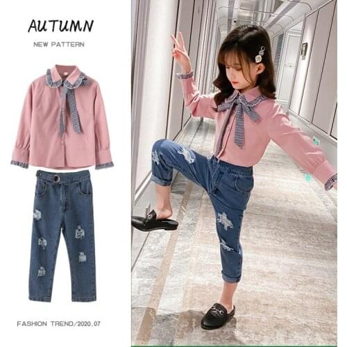 Summer Girls Clothes Suit Back To School Tracksuit Outfit Long Sleeve Shirt + Jeans 2Pcs Child Clothing Set 4 6 8 10 12 13 Years