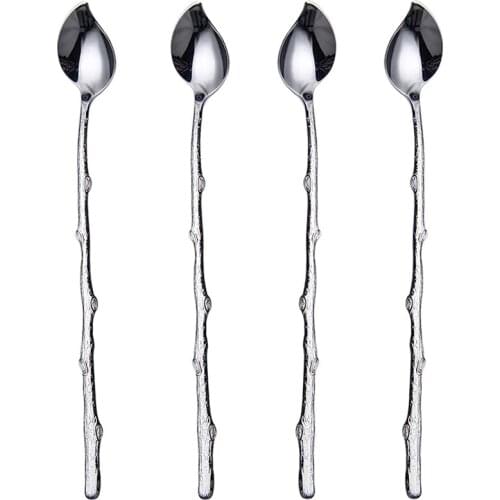 Long-Handled Spoon Ice Teaspoon, Coffee Spoon, Twig Leaf Spoon,4 Pieces