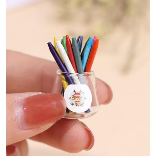 1 Set(1 bottle+12 crayons) 1/12 Scale Mini Dollhouse Miniature Crayon for Stationery Doll House Accessories