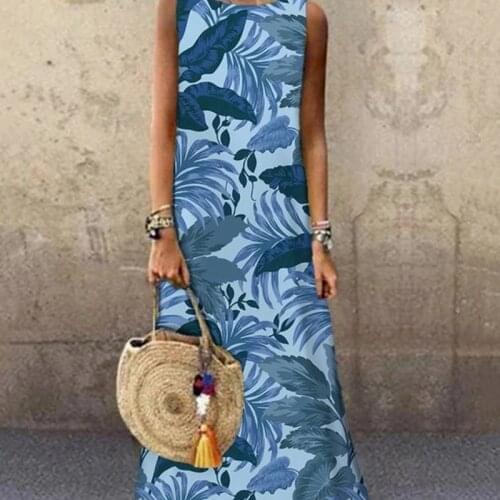 2021 Fashion Women Summer Dress Floral Print O-Neck Sleeveless Casual Loose Long Dress Female Maxi Dress Bohemia Party Vestidos