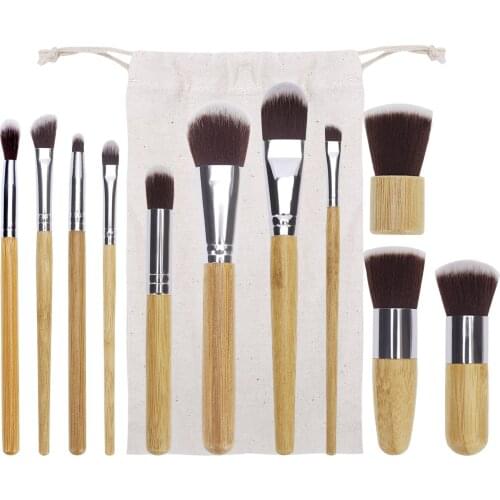 11pcs Bamboo Handle Makeup Brush Set with Clothing Bag Powder Eyebrow Blush Make Up Brushes