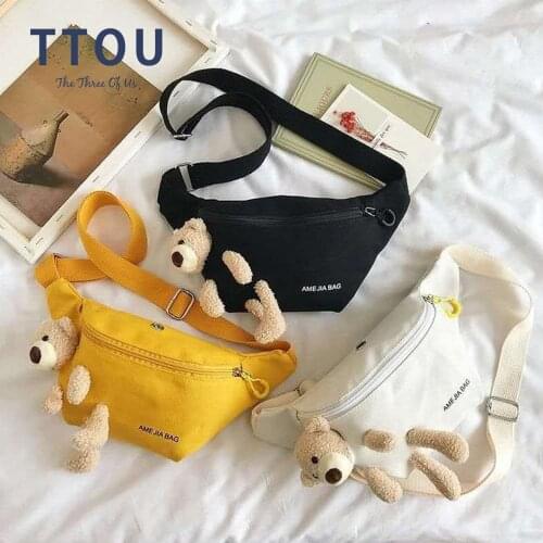 Cute Bear Womens Waist Bag High Quality Canvas Belt Bags Designer Crossbody Chest Bag Female Solid Fanny Pack Banana Hip Purse