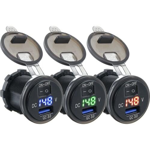 Universal QC 3.0 USB Motorcycle Boat Car Charger Compatible For Cell Phone Socket Adapter LED Voltmeter With ON-OFF switch