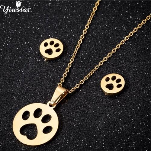 Yiustar Paw Print Jewelry Sets Hollow Round Bear Paw Print Necklaces for Women Tiny Heart Print Stainless Steel Pendant Chokers
