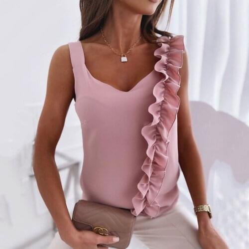 Women Sweetshirts Ruffle Blouse Shirts 2021 Summer Backless Pink Casual Tops Elegant Sexy Sleeveless V Neck Ladies Blouses Femme