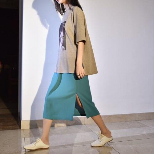 2021 Spring Korean High Waist Slim Versatile Mid-length Stretch Simple Solid Color Women A-line Split Hip Skirt Free Shipping