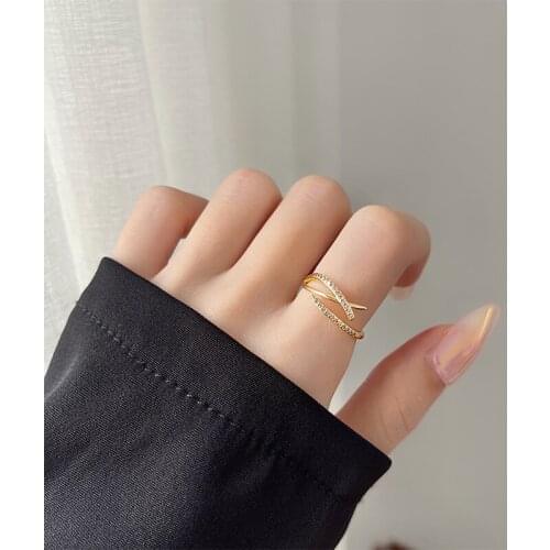 Double-layer Cross Luxury Cubic Zirconia Gold Color Adjustable 925 Sterling Silver Rings For Women Elegant Dainty Jewelry