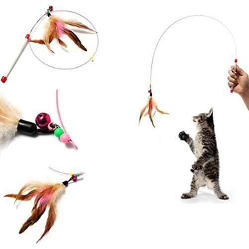 1pc Pet Interactive Toys Funny Cat Steel Wire Bell Feather Rod Teaser Rod Wand Interactive Funny Stick Cat Toy Training Supplies