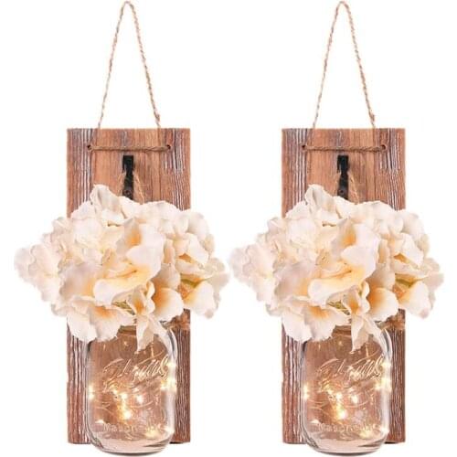 2PCS Mason Jar Sconces Hanging Wall Decor LED Strip Lights with Flowers Hydrangea for Home Decoration