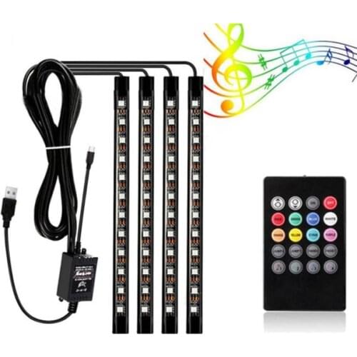 4PCS Car Interior Atmosphere Neon 9 Led Lights Strip 5050 RGB SMD Remote Control Flexible Strip Light
