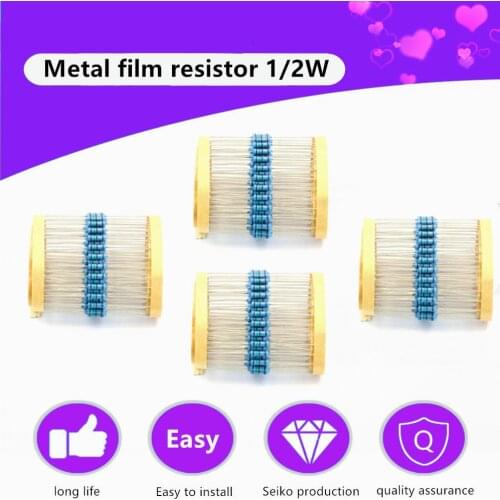 50Pcs/lots 1/2W Metal Film Resistor High Precision 1% Five-Color Ring Resistors 100 Ohm Resistance 1K 4.7K 10K 100K 220R 1R~2.2M